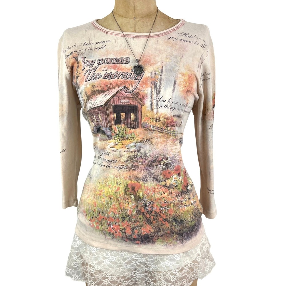 Cottagecore Long Sleeve Graphic Tee Scenic Covered Bridge Sz XL Cowgirl Y2K